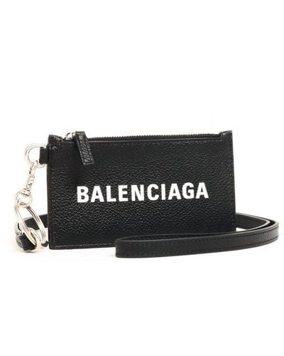 Balenciaga Logo-print Full-grain Leather Cardholder With Lanyard - Black