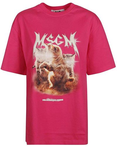 MSGM Round Neck Logo Print T-Shirt - Pink
