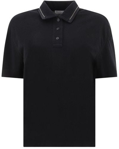 Brunello Cucinelli Piqué Polo Shirt With Monili - Black