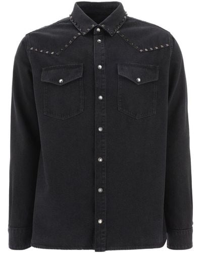 Valentino Stud Embellished Long-sleeved Denim Shirt - Black
