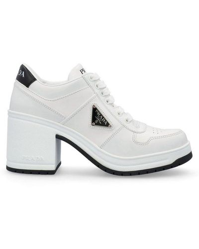 Prada Downtown High-heeled Leather Trainers - White