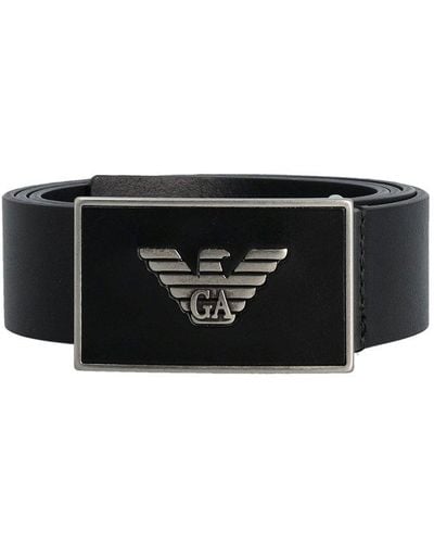 Emporio Armani Eagle Plate Leather Belt - Black