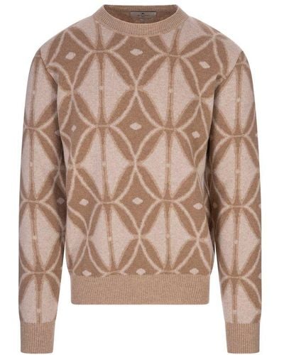 Etro Beige Wool Pullover With Geometric Inlay - Brown