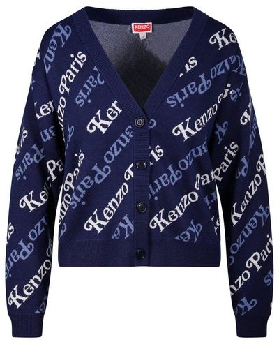 KENZO Allover Logo Intarsia-knit Cardigan - Blue