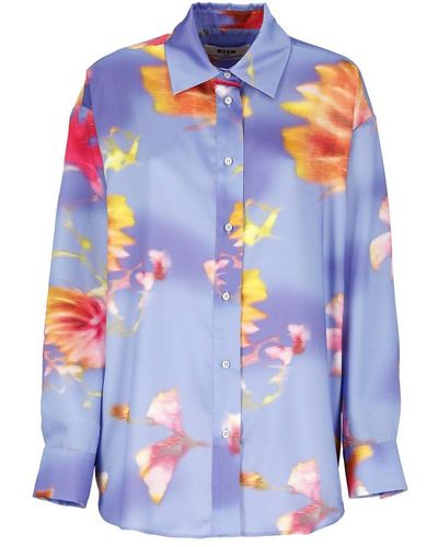 MSGM Floral Printed Long-sleeved Shirt - Blue