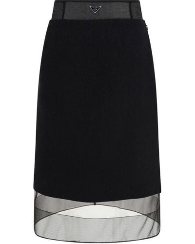 Prada Enamel Triangle-logo Wool Skirt - Black