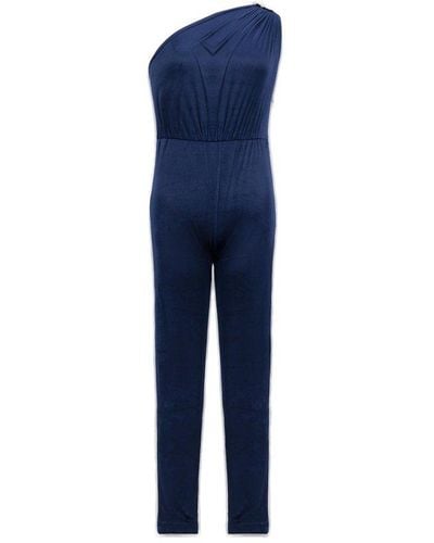 Atlein One Shoulder Gathered Detail Velvet Jumpsuit - Blue