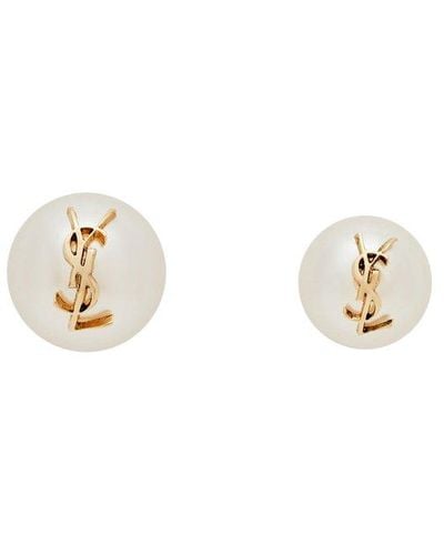 Saint Laurent Asymmetrical Metal Earrings With Pearls And Logo - Metallic