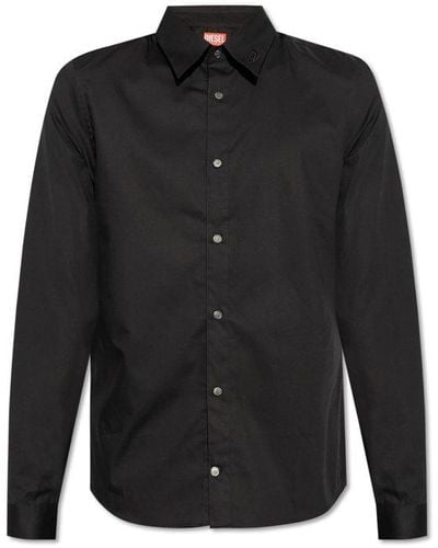 DIESEL Logo Embroidered Long-sleeved Shirt - Black