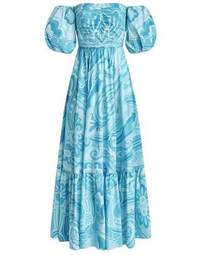 Etro Light Paisley Long Dress With Balloon Sleeves - Blue