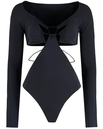 Amazuìn Long Sleeved Cut-out Plunge Top - Black