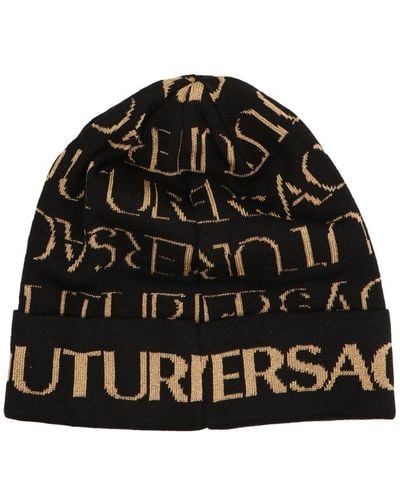 Versace All-over Logo Embroidered Beanie - Black