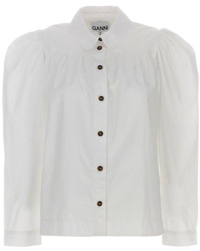 Ganni Puff-sleeved Poplin Shirt - White