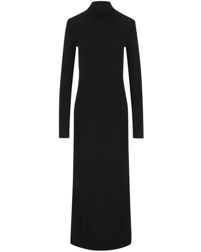 Saint Laurent Funnel Neck Long-sleeved Midi Dress - Black