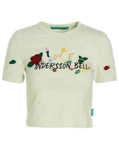 ANDERSSON BELL Embroidered Logo-printed Crewneck Cropped T-shirt - Green