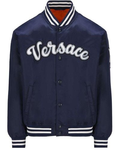 Versace Logo Embroidered Button-up Jacket - Blue