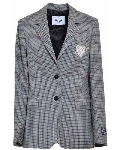 MSGM Embellished Single Breasted Checked Blazer - Gray