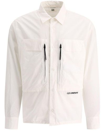 C.P. Company Logo Embroidered Buttoned Poplin Overshirt - Natural