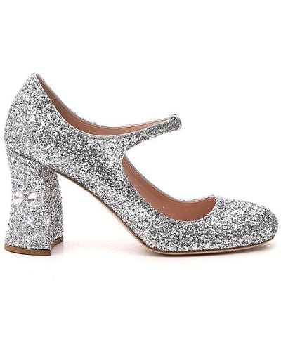 Miu Miu Crystal Embellished Glitter Court Shoes - White