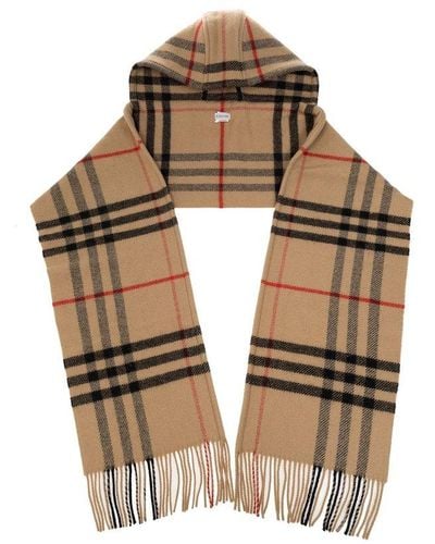 Burberry Check Wool Cashmere Hooded Scarf - Brown
