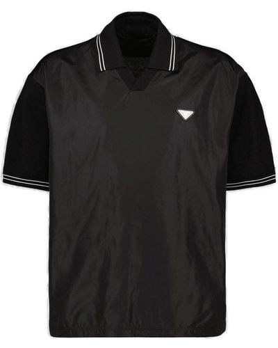 Prada Re-nylon Logo Plaque Short-sleeved Polo Shirt - Black
