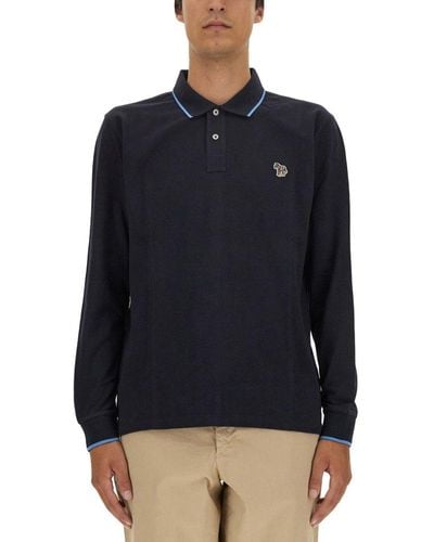 PS by Paul Smith Zebra Patch Long-sleeved Polo Shirt - Blue