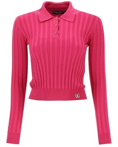 Dolce & Gabbana Long Sleeved Polo Shirt In Ribbed Knit - Red