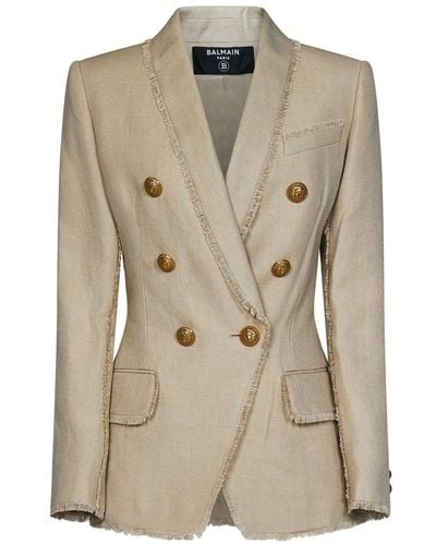 Balmain Button-embossed Double Breasted Linen Blazer - Natural