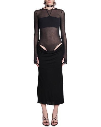 ANDREA ADAMO Semi-sheer Cut-out Ribbed Midi Dress - Black