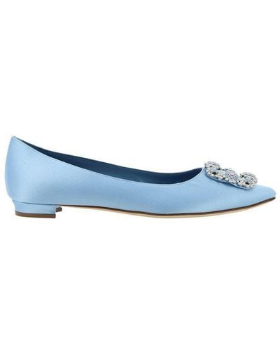 Manolo Blahnik Hangisi Embellished Satin Ballerina Shoes - Blue