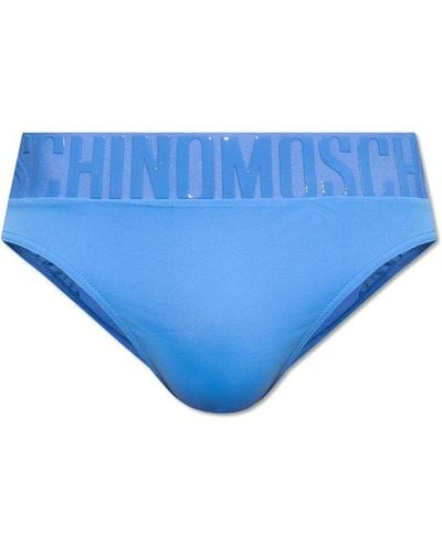 Moschino Logo Rubberised Waistband Stretch Swim Trunks - Blue