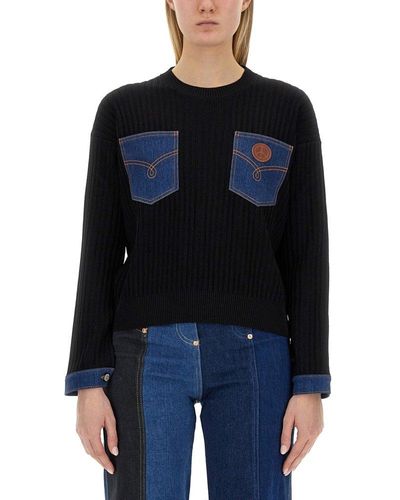 Moschino Jeans Denim Patchwork Detailed Drop Shoulder Sweater - Blue