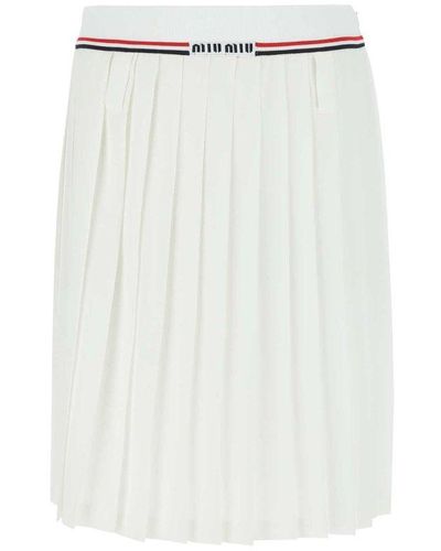 Miu Miu Logo Waistband Pleated Skirt - White