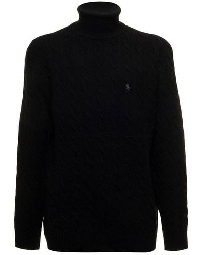 Polo Ralph Lauren Turtleneck In Cable Wool And Cashmere Knit With Contrast Logo Embroidery On The Chest Man - Black