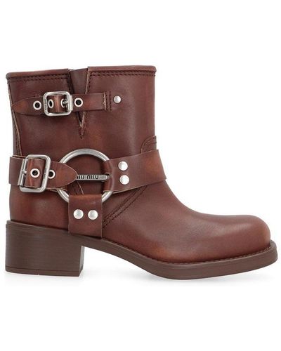 Miu Miu Vintage-look Logo-engraved Ankle Boots - Brown