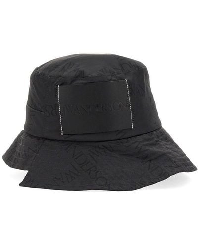 JW Anderson Asymmetric Logo Print Bucket Hat - Black