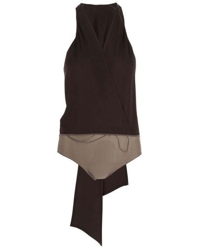 Blumarine Plunging V-neck Open Back Satin Bodysuit - Brown