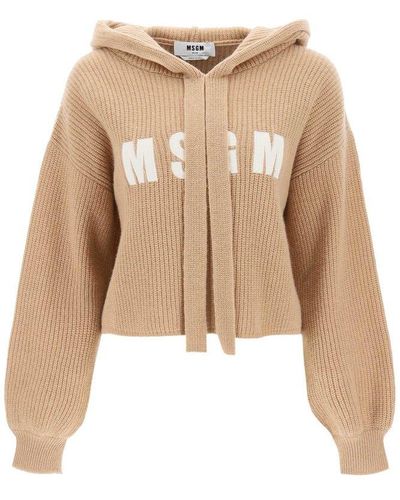 MSGM Knitted Hoodie In Wool And Cashmere With Logo Embroidery - Natural