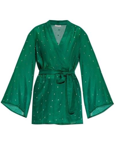 Oséree Wide-sleeved Tied-waist Embellished Wrap Dress - Green