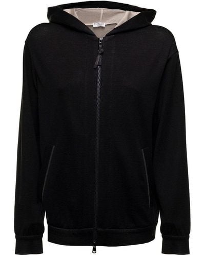 Brunello Cucinelli Woman's Cotton And Silk Hoodie With Monile Inserts - Black