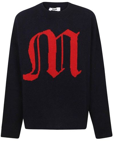 MSGM Logo Intarsia Long-sleeved Sweater - Blue