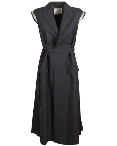 Sacai Striped Sleeveless Midi Dress - Black