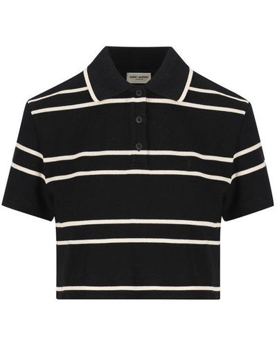 Saint Laurent Cropped Striped Cotton-piqué Polo Shirt - Black