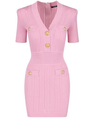 Balmain V-neck Stretch Mini Dress - Pink