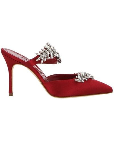 Manolo Blahnik Lurum Embellished Pointed Toe Mules - Red