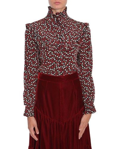 Saint Laurent Silk Stand Up Collar Blouse - Red