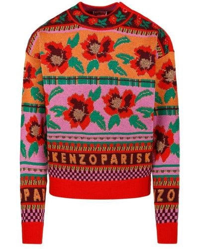 KENZO Pattern Intarsia Knitted Crewneck Jumper - Red
