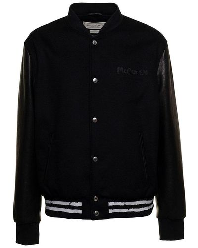 Alexander McQueen Man's Bomber Wool And Leather Jacket - Black
