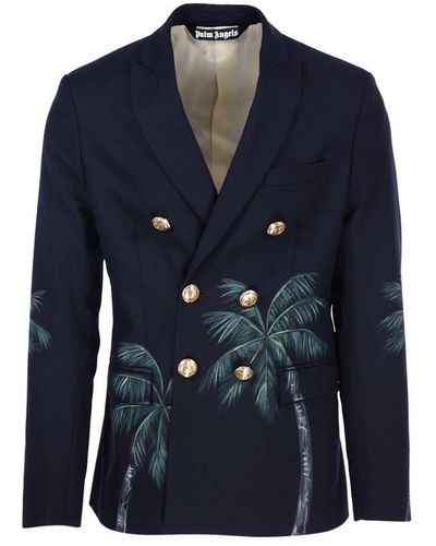 Palm Angels Palm Tree Printed Double Breasted Jacket - Blue