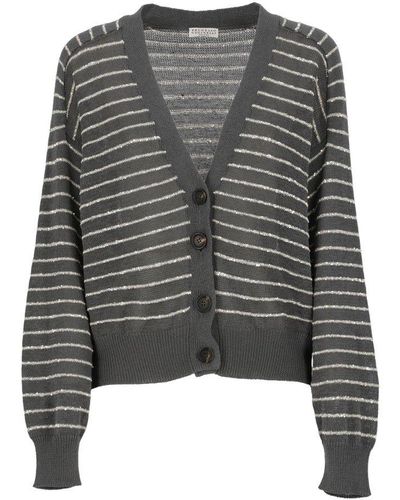 Brunello Cucinelli Sequin-embellished Striped Cardigan - Grey